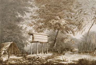 A Toopapaoo of a Chief with a Priest Making His Offering to the Morai in Huoheine, from 